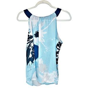New York & Company Halter Top - Large - Stretch Sheer Blue White Floral Abstract